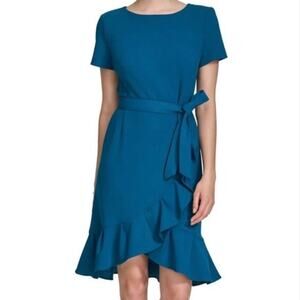 Calvin Klein Short Sleeve Ruffle Hem Dress Teal Blue 10